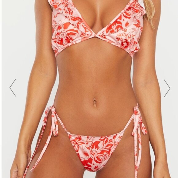 PrettyLittleThing PINK FLORAL RUFFLE BIKINI SIZE MEDIUM - Picture 6 of 6